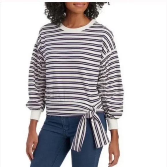 Kensie White Pink Blue Striped Ruched Sleeve Side Tie Sweatshirt Top Size L - Picture 1 of 8